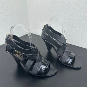Michael Kors Women Black Elastic Strap Wedge Sandals 6.5M Gold Logo